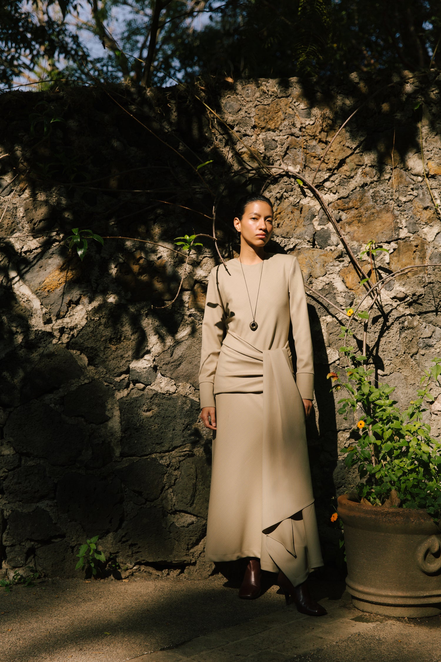 The Asymmetrical Bias Dress in Wool Pinstripe