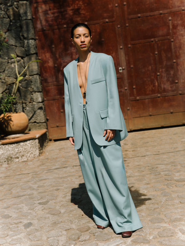 The Wool Wide Leg Pleated Trouser in Blue