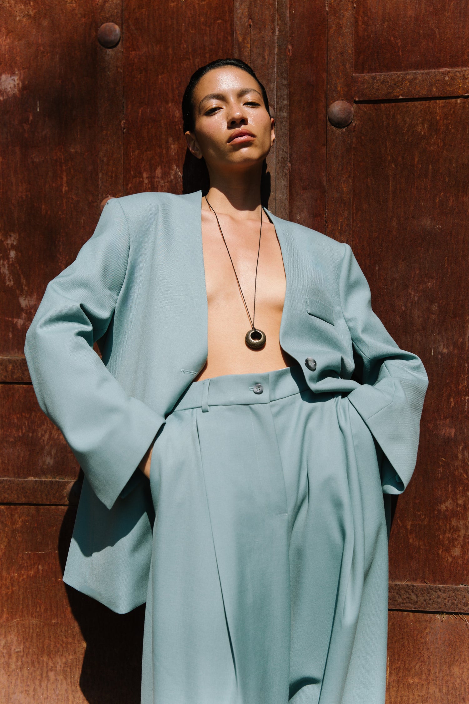 The Wool Wide Leg Pleated Trouser in Blue