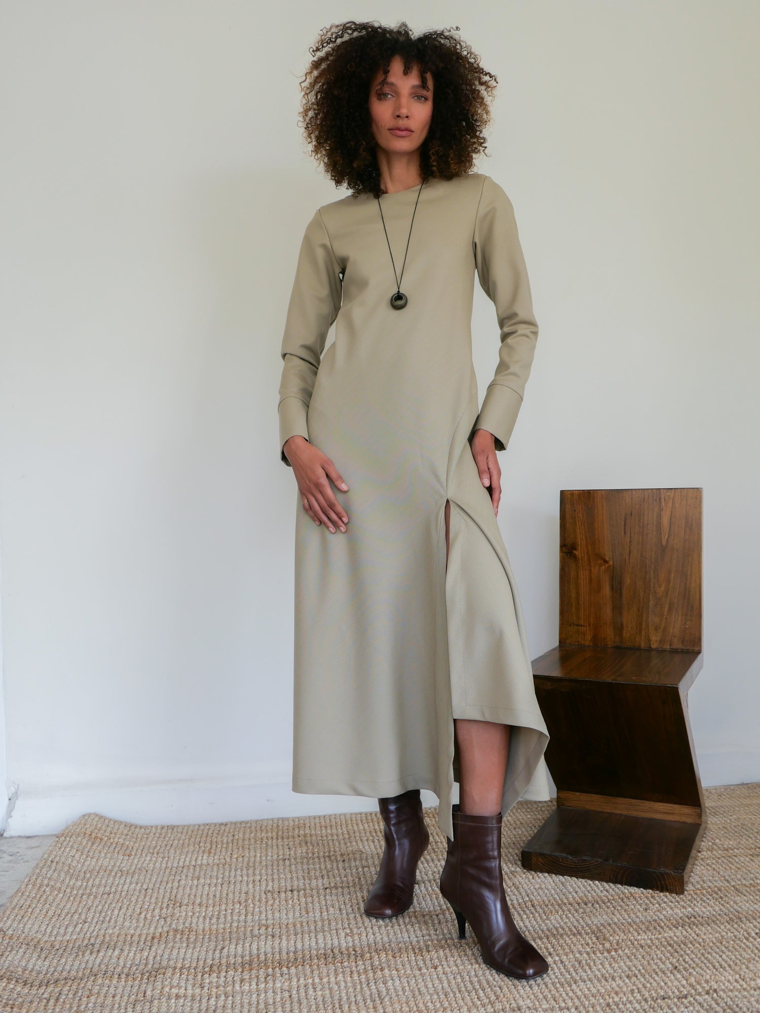 The Asymmetrical Bias Dress in Wool Pinstripe