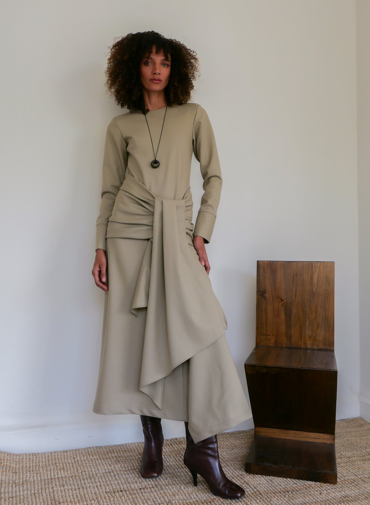 The Asymmetrical Bias Dress in Wool Pinstripe