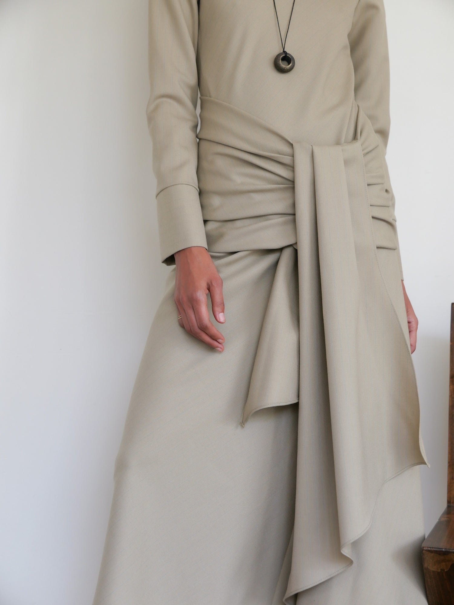 The Asymmetrical Bias Dress in Wool Pinstripe