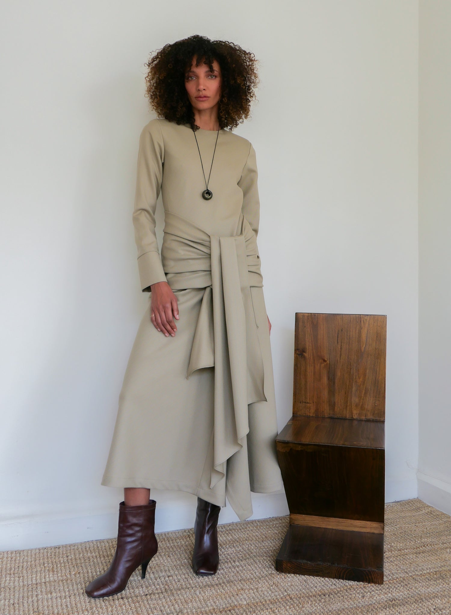 The Asymmetrical Bias Dress in Wool Pinstripe