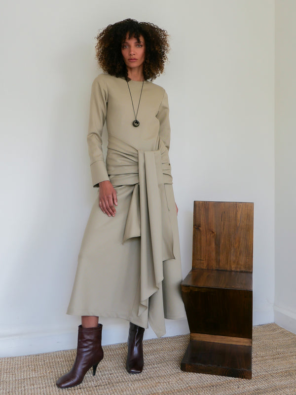 The Asymmetrical Bias Dress in Wool Pinstripe