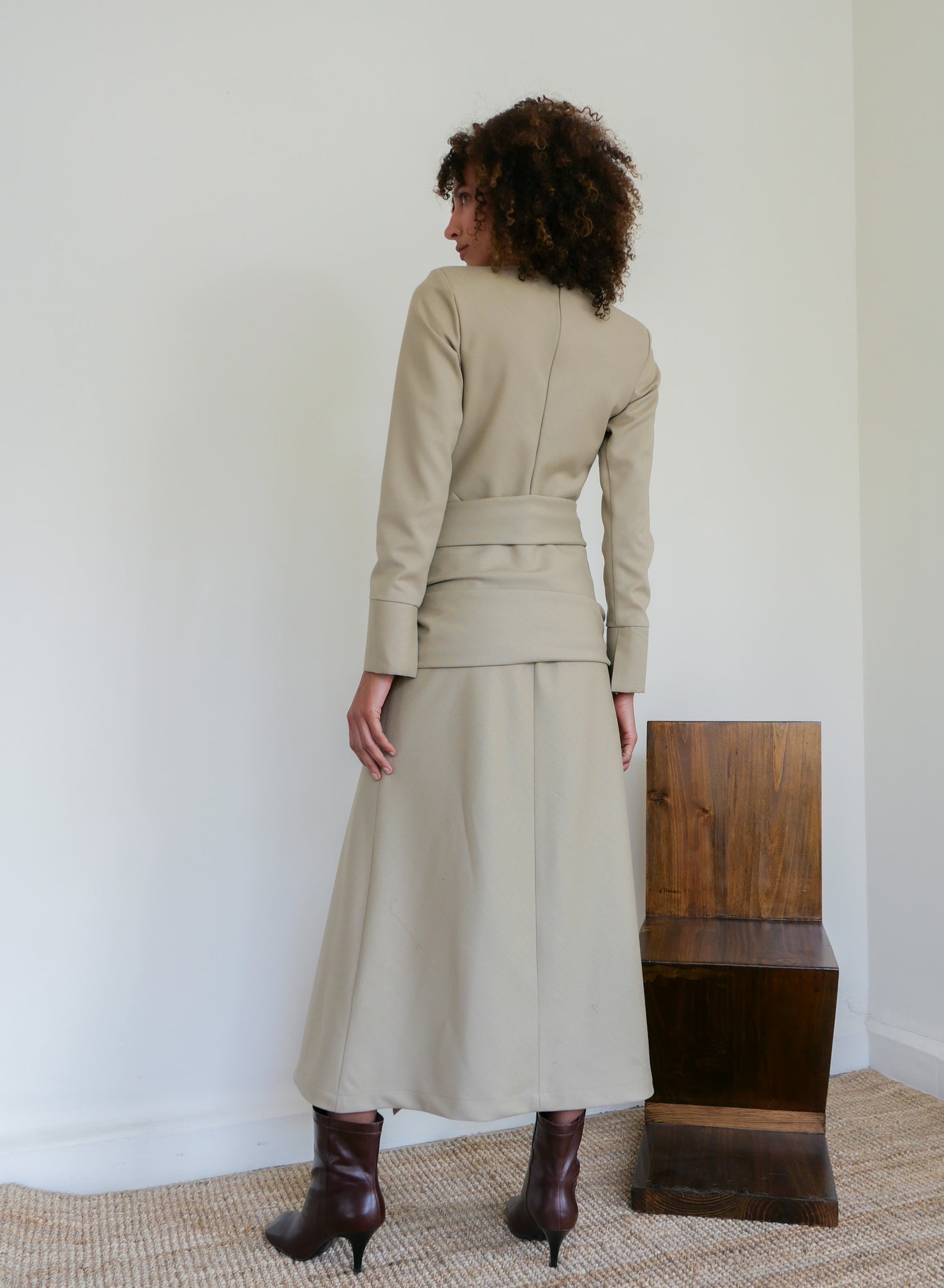 The Asymmetrical Bias Dress in Wool Pinstripe