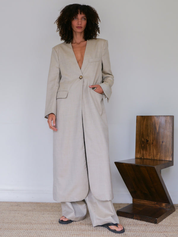 The Herringbone Long Collarless Coat
