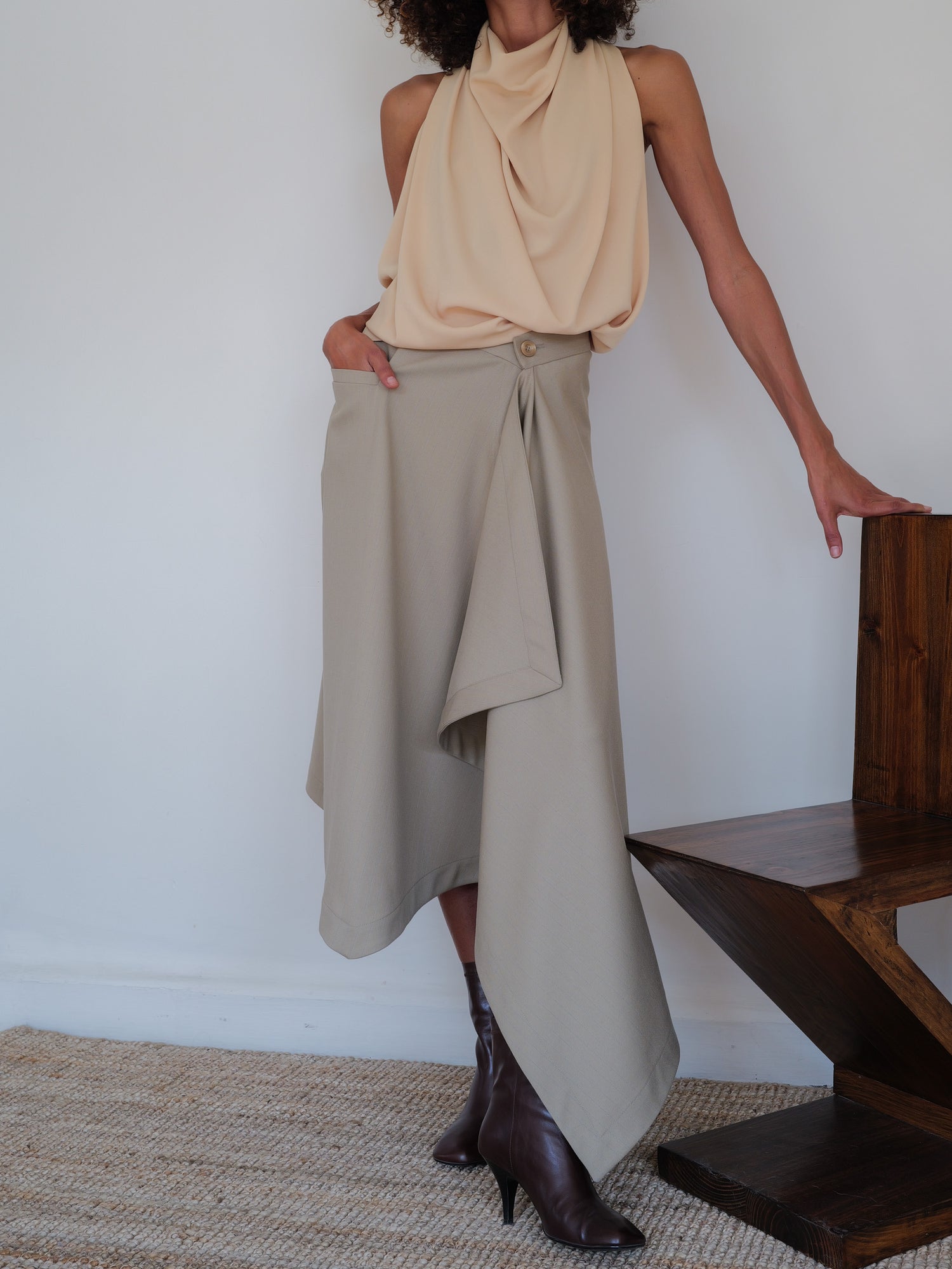 The Pinstripe Wool Asymmetrical Skirt in Yellow/Blue