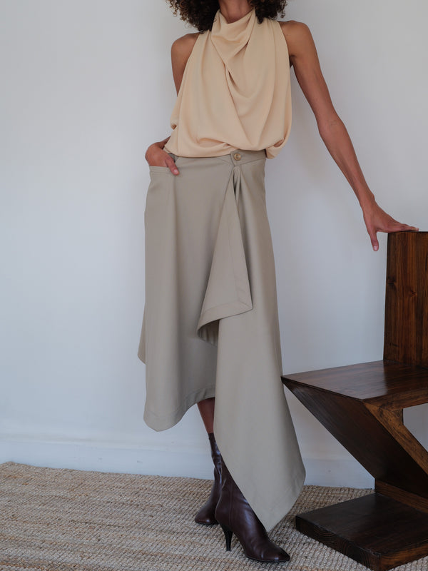 The Pinstripe Wool Asymmetrical Skirt in Yellow/Blue