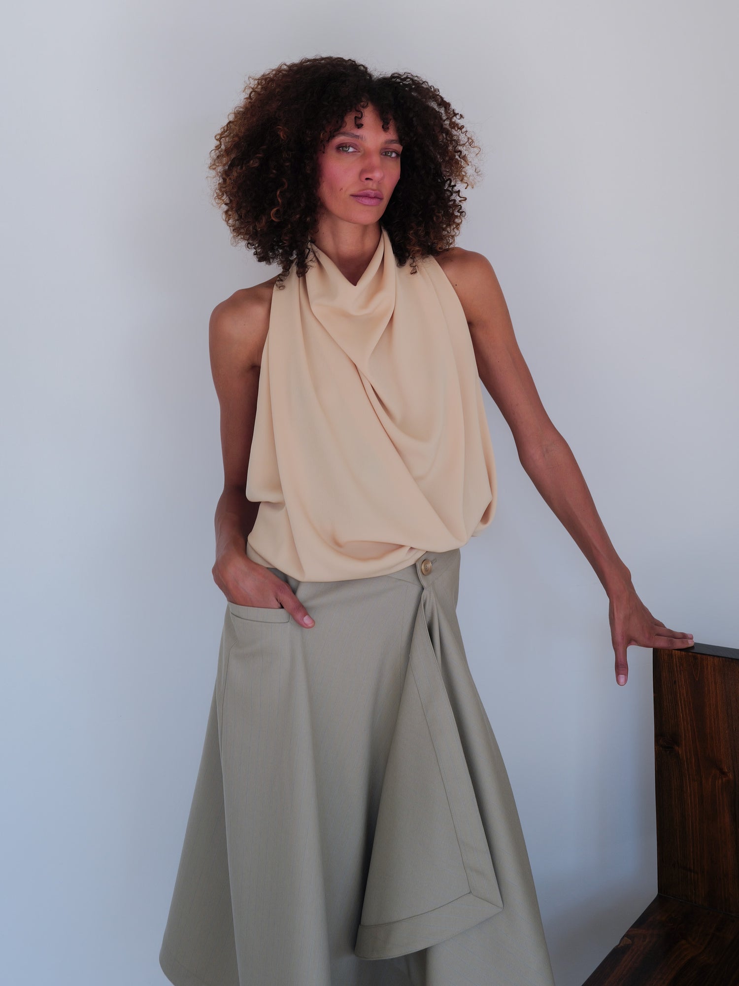The Pinstripe Wool Asymmetrical Skirt in Yellow/Blue