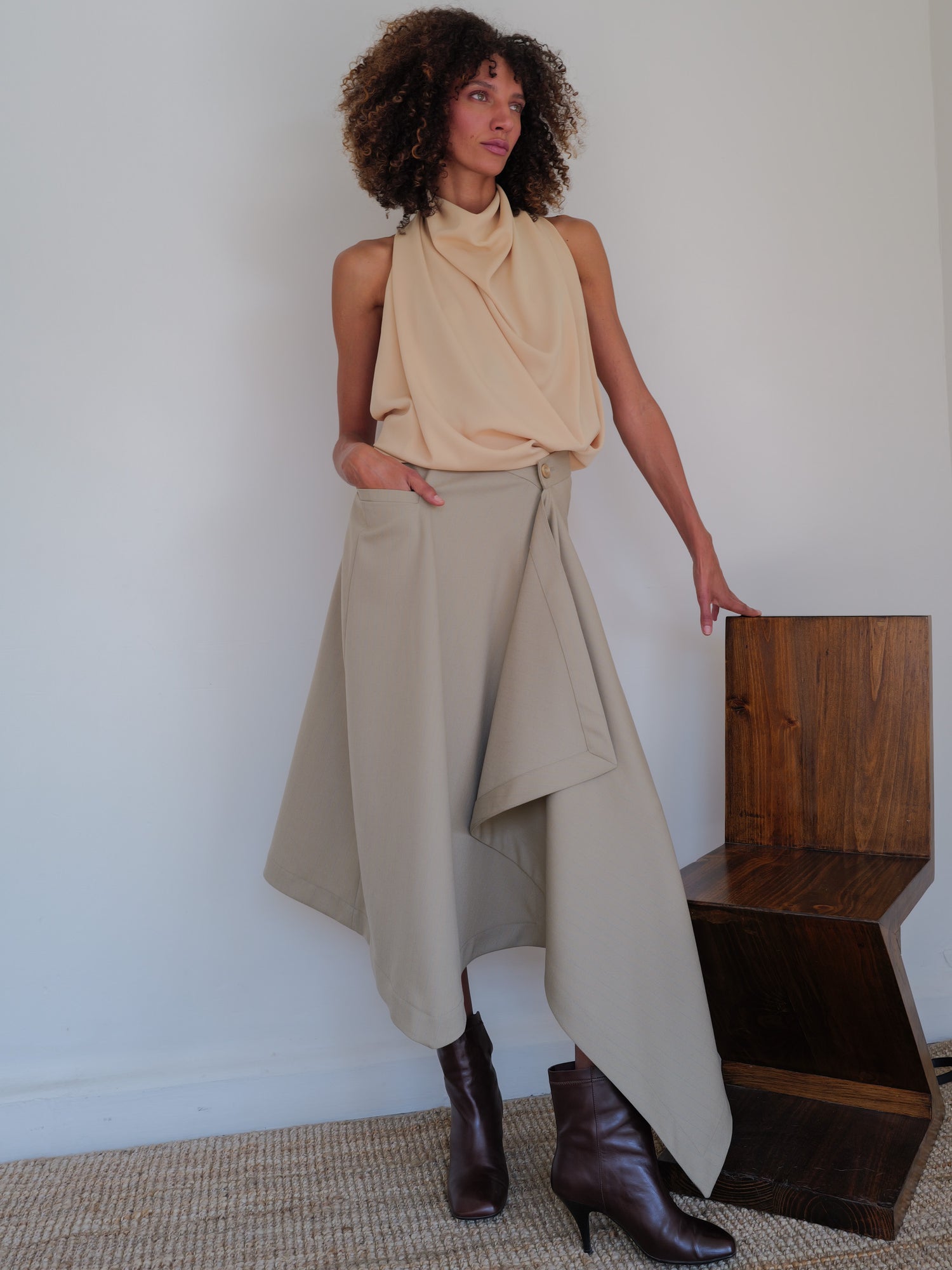 The Pinstripe Wool Asymmetrical Skirt in Yellow/Blue