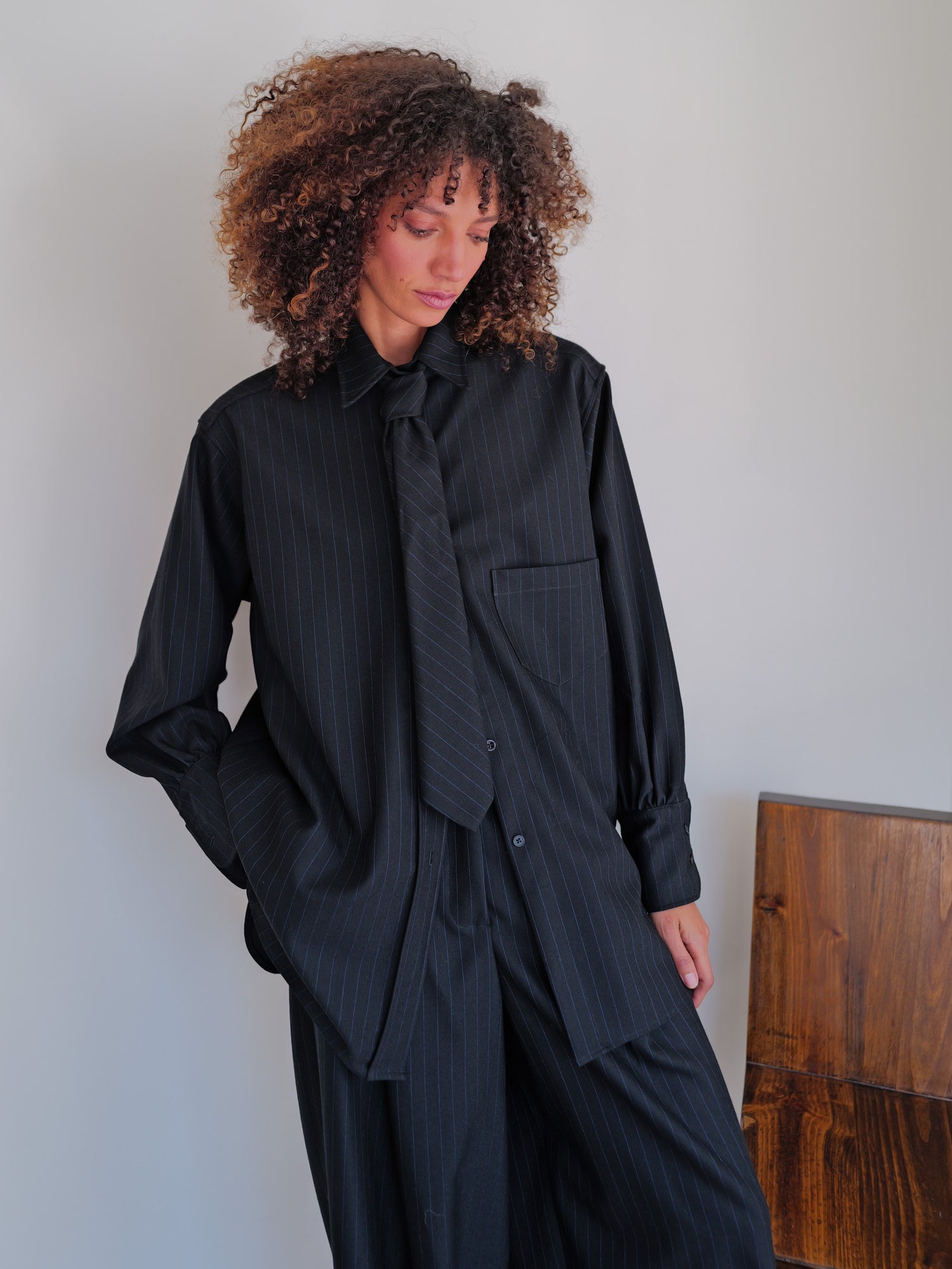 The Pinstripe Wool Necktie in Navy/Black