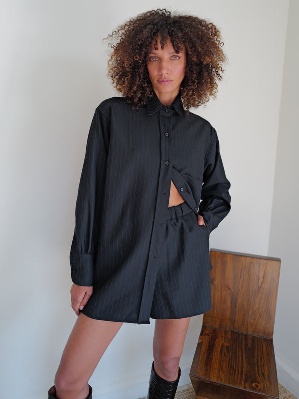 The Pinstripe Wool Boxer Short in Navy/Black