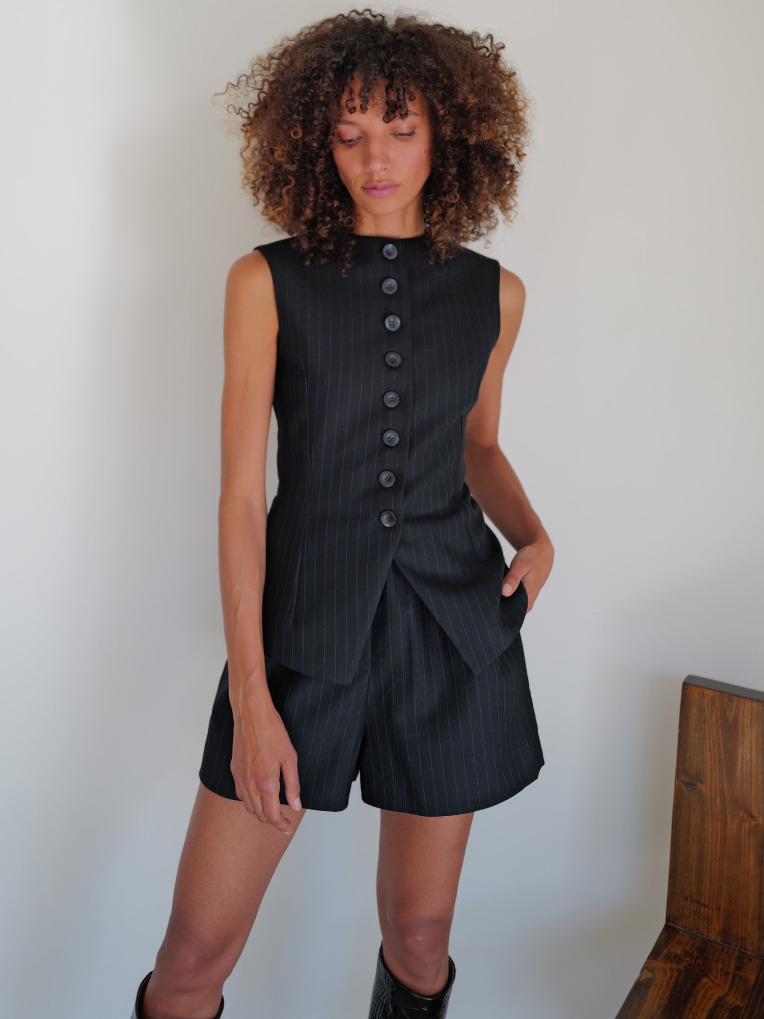 The Pinstripe Wool Boxer Short in Navy/Black
