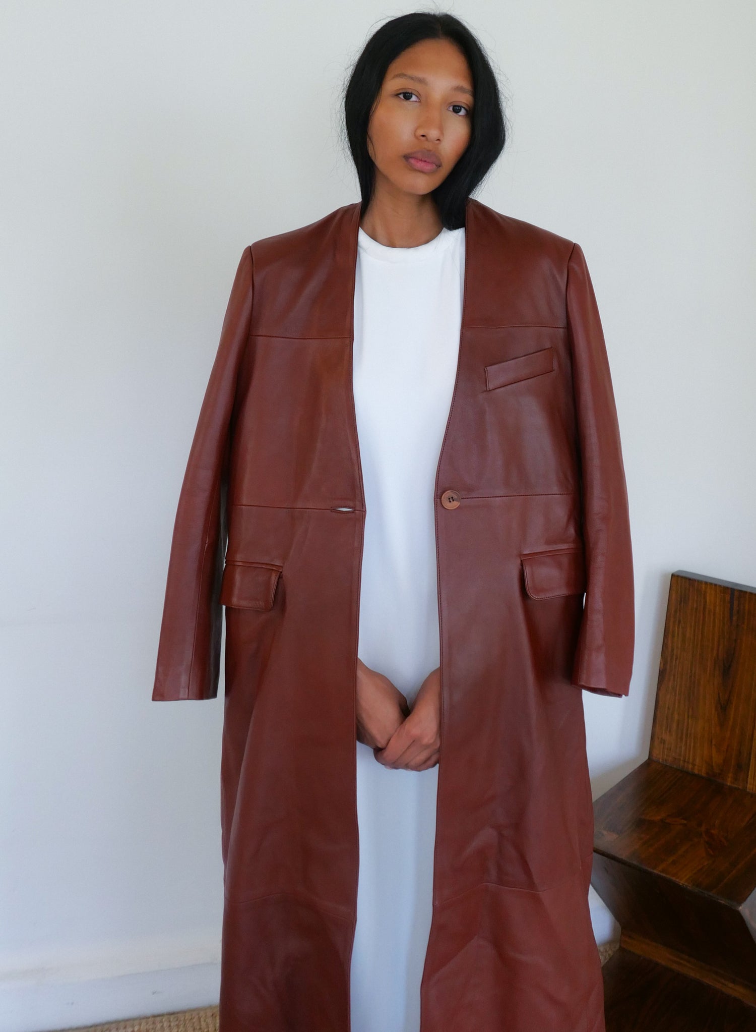 The Leather Long Collarless Coat