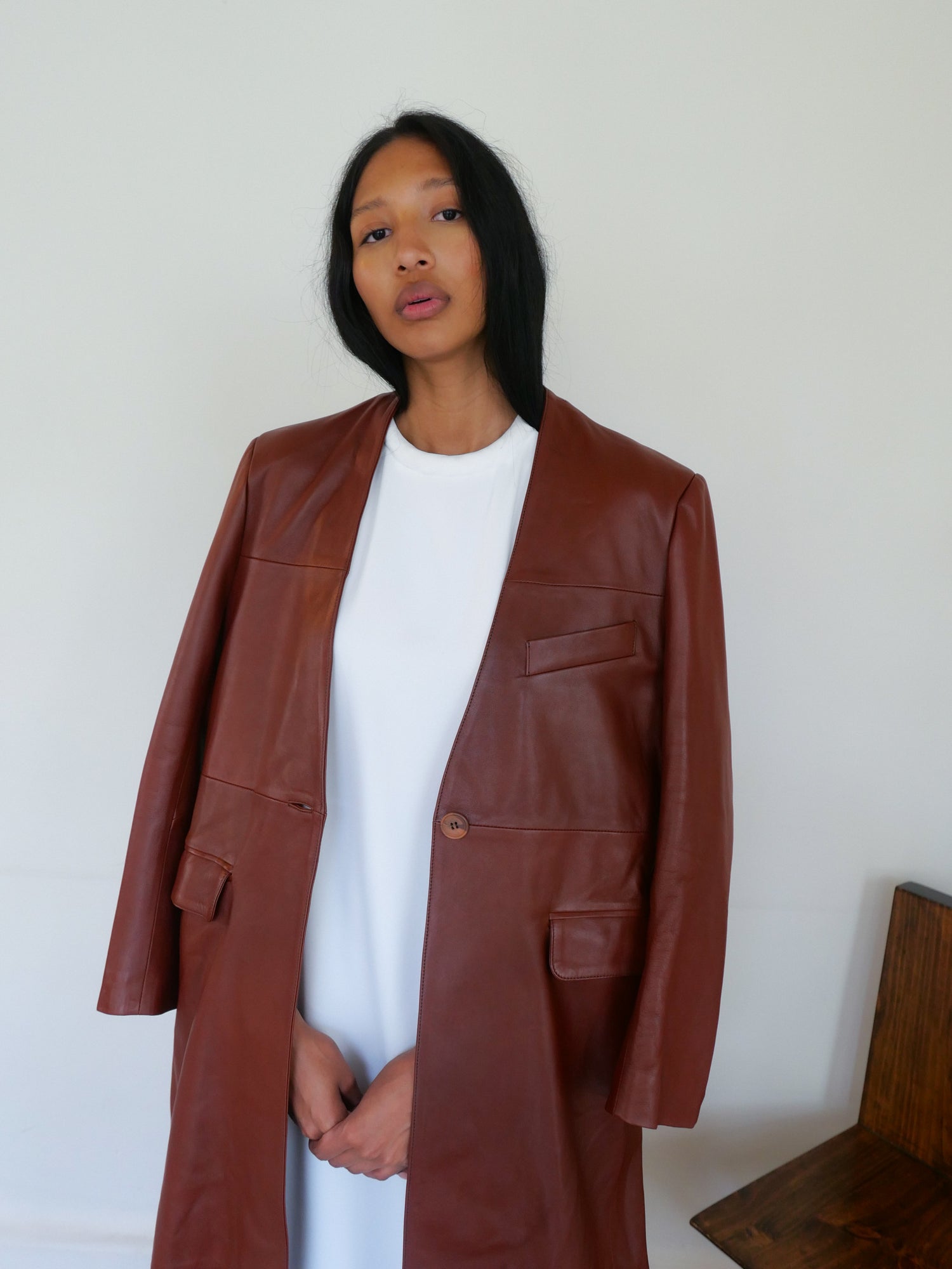 The Leather Long Collarless Coat