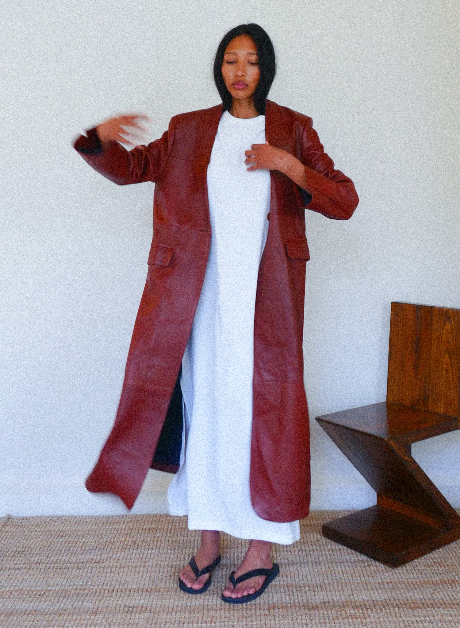 The Leather Long Collarless Coat