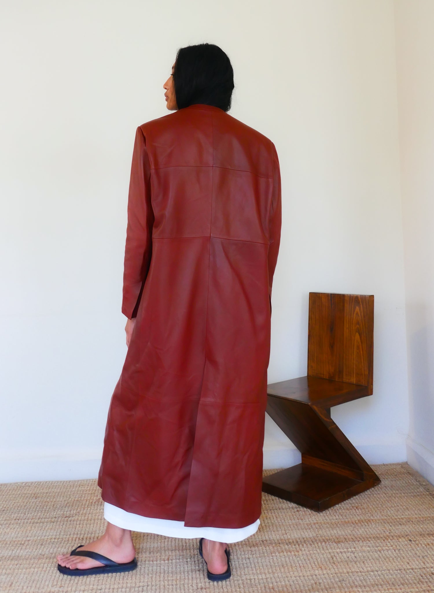 The Leather Long Collarless Coat
