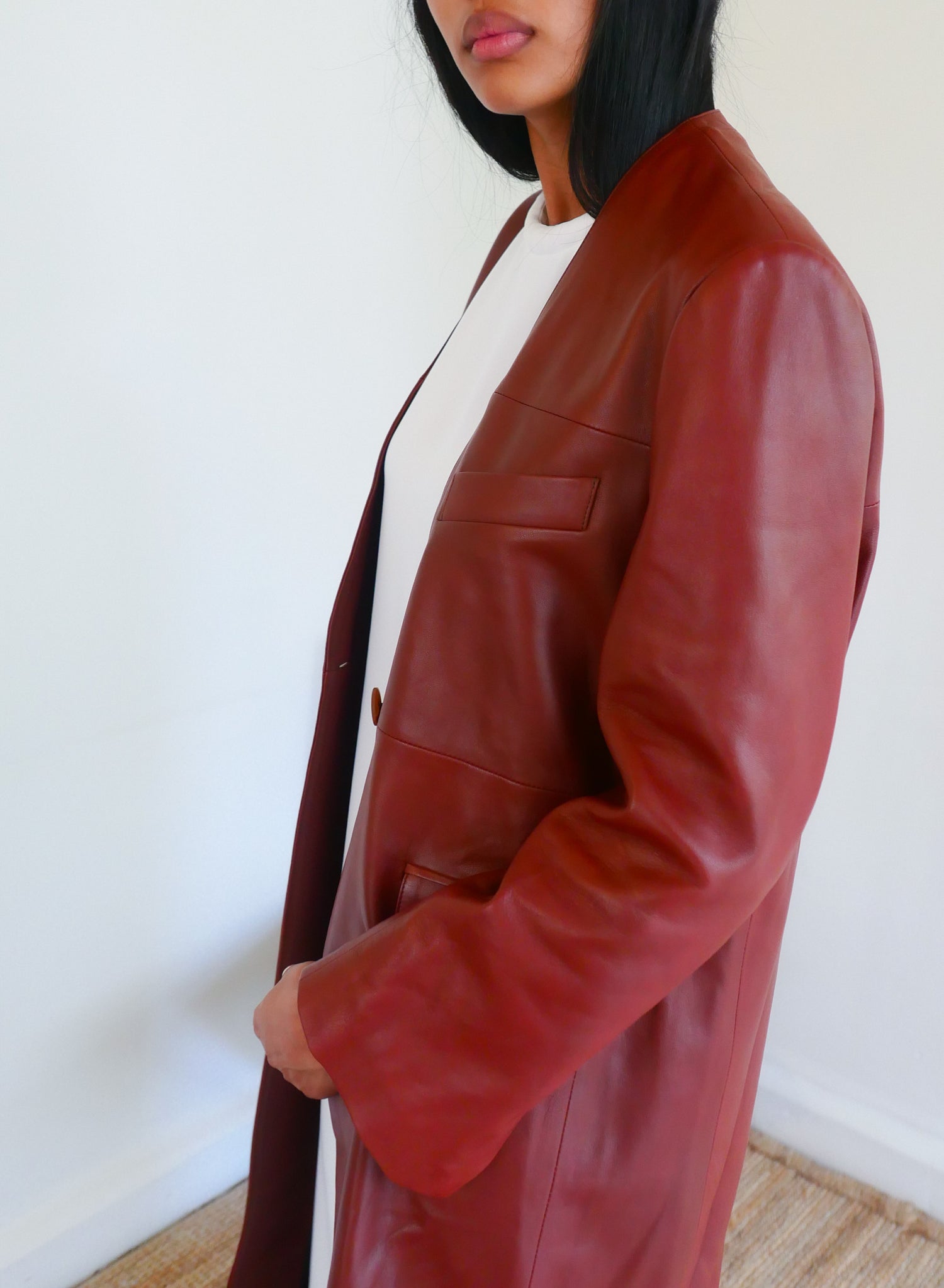 The Leather Long Collarless Coat