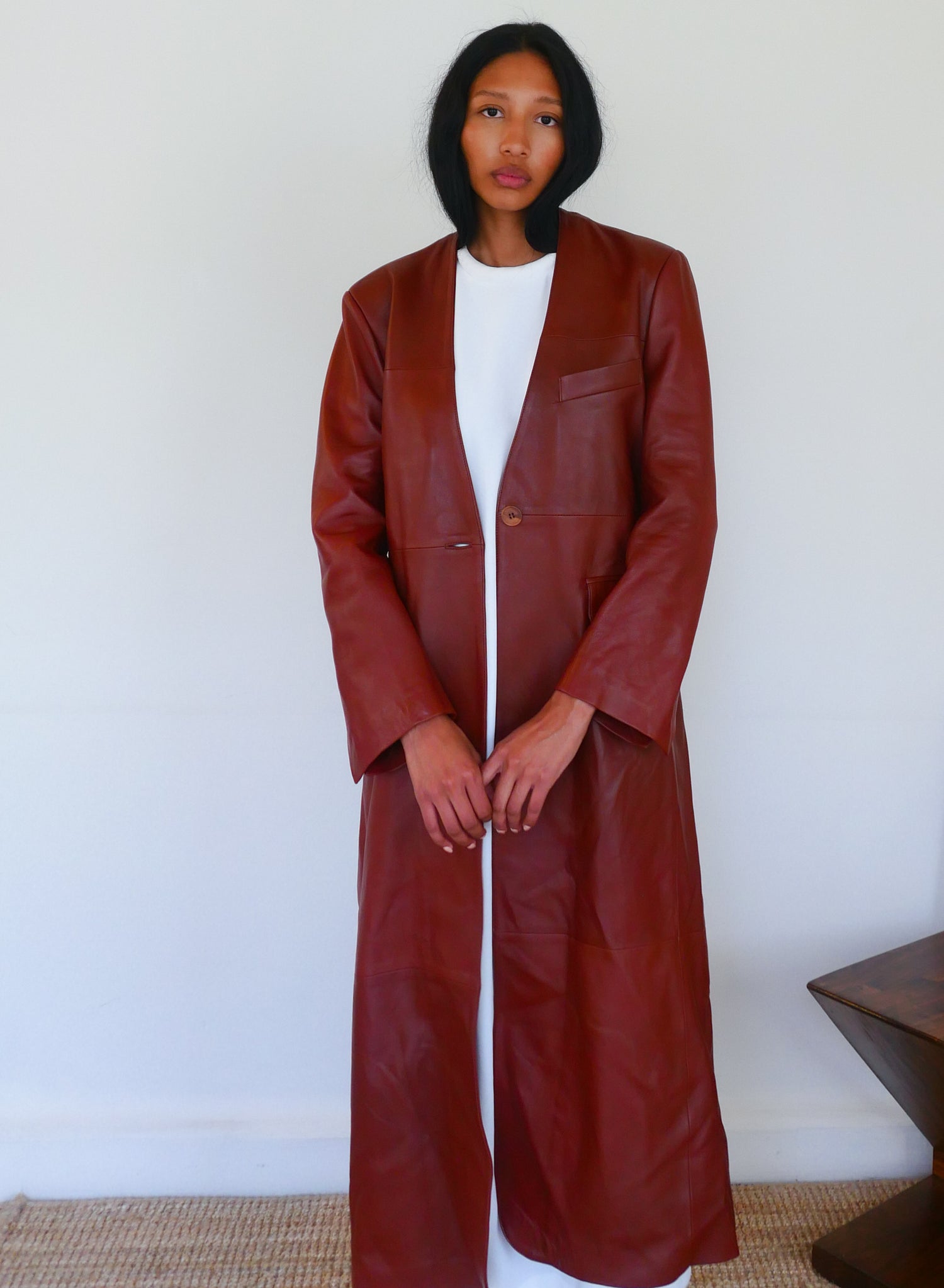 The Leather Long Collarless Coat