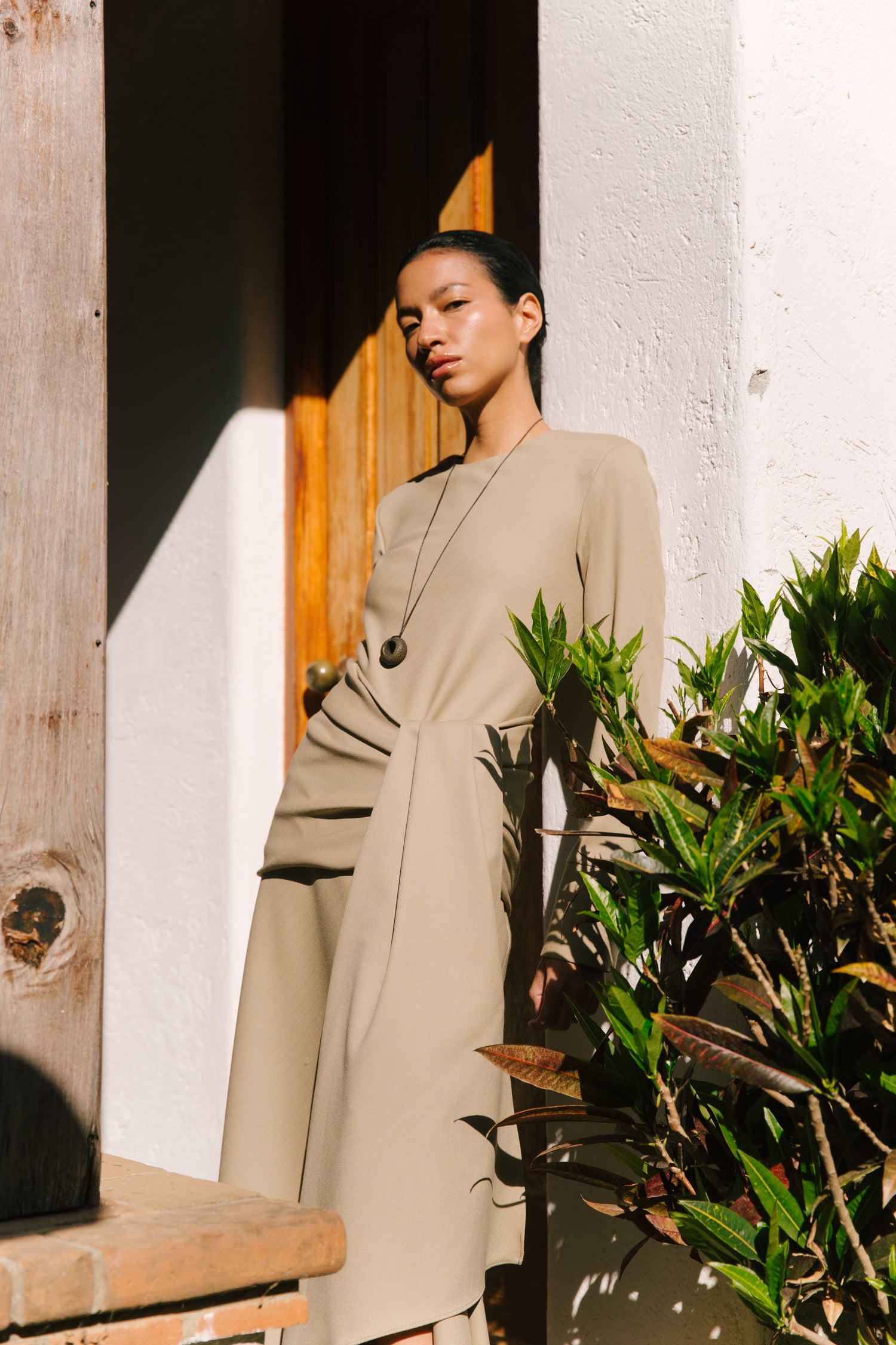 The Asymmetrical Bias Dress in Wool Pinstripe