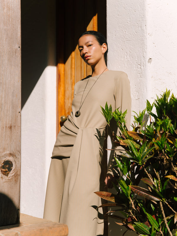 The Asymmetrical Bias Dress in Wool Pinstripe