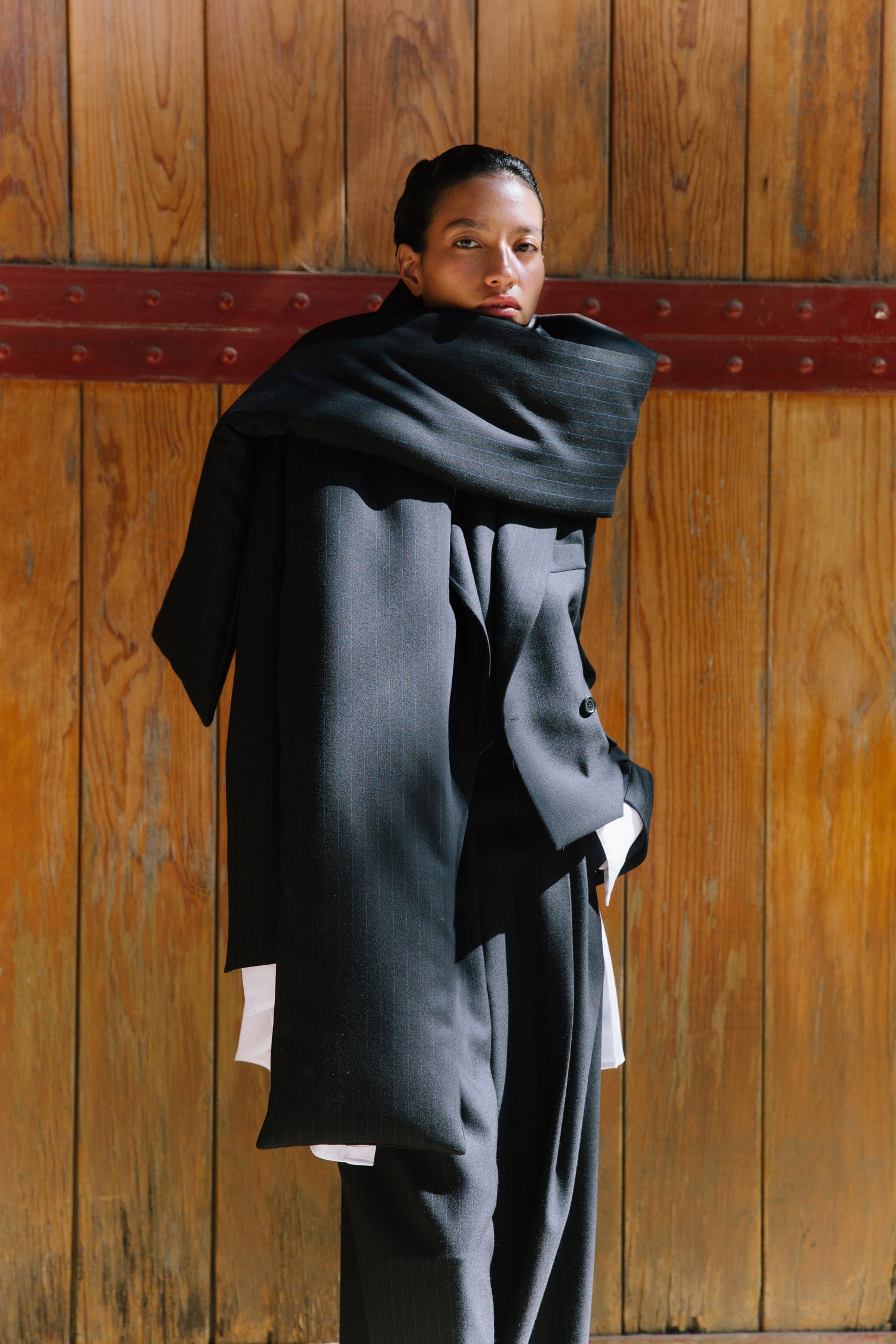 The Pinstripe Wool Padded Scarf in Navy/Black