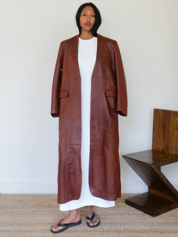 The Leather Long Collarless Coat